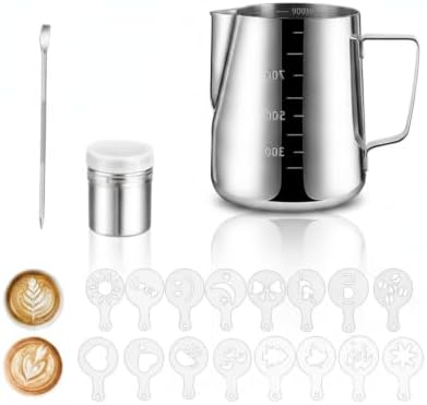 Milk Frothing Pitcher Set with Latte Art Molds, Needle, and Powder Shaker for Home Espresso by Unknown