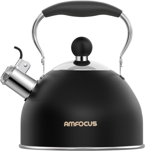 Tea Kettle, 2 Quart Stainless Steel Whistling Tea Kettle, Stovetop Whistling Teakettle Tea Pots for Stove Top with Ergonomic Folding Handle, Small Teapot, Water boiler for Tea, Coffee (Black) by AMFOCUS