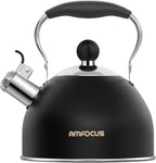Tea Kettle, 2 Quart Stainless Steel Whistling Tea Kettle, Stovetop Whistling Teakettle Tea Pots for Stove Top with Ergonomic Folding Handle, Small Teapot, Water boiler for Tea, Coffee (Black) by AMFOCUS