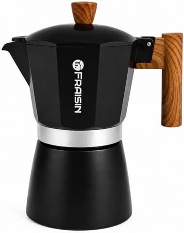 Stovetop Espresso Moka Pot Coffee Maker, Non-slip Wood Grain Handle, Cast Aluminum, Compatible with Gas, and Electric Stoves (Black, 9 cups) by Unknown