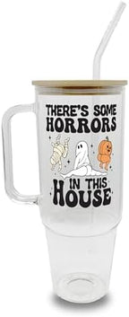 Sip-Sip Hooray! Horrors in This House 40oz Glass Tumbler with Lid and Straw, Halloween Iced Coffee Cup Gift by Sip-SipHooray