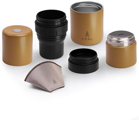VSSL - Nest Pour Over Coffee Kit | Coffee Maker for Camping | All-In-One Travel Pour Over | Transportable Dripper, Two 10oz Stainless Steel Travel Mugs | Compact Storage & Adventure Ready | Sahara by VSSL