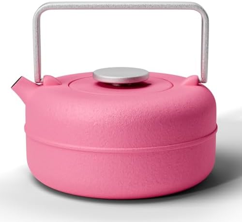 Toptier Teapot with Removable Infuser, Cast Iron Tea Kettle Stovetop Safe, Solid Geometry Cylinder Design Tea Pot Coated with Enameled Interior for 27 Ounce (800 ml), Rose Red by toptier
