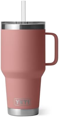 YETI Rambler 35 oz Tumbler with Handle and Straw Lid, Travel Mug Water Tumbler, Vacuum Insulated Cup with Handle, Stainless Steel, Sandstone Pink by YETI