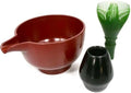 Resin Tea Set of Japanese Tea Whisk (Green Bamboo Color) and Lipped Red Tea Bowl for Matcha, Made in Japan by OKADAEN