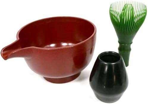 Resin Tea Set of Japanese Tea Whisk (Green Bamboo Color) and Lipped Red Tea Bowl for Matcha, Made in Japan by OKADAEN
