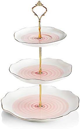 Sweejar 3 Tier Ceramic Cake Stand,Dessert Stand,Cupcake Stand,Tea Party Pastry Serving Platter,Food Display Stand for Tea/Coffee/Birthday/Wedding/Women/Afternoon/Gift - Pink by Sweejarco1949
