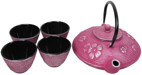 Ebros Gift Oriental Tetsubin Traditional Cast Iron Tea Pot With 4 Cups And Strainer Set 27oz Enameled Interior Home Decor Asian Living Gift And Housewarming (Magenta Ume Plum Floral Blossoms) - Image 4