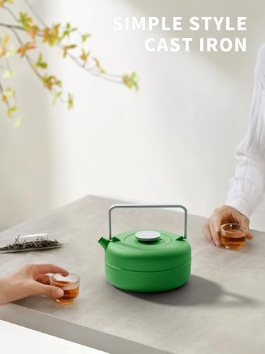 Toptier Teapot with Removable Infuser, Cast Iron Tea Kettle Stovetop Safe, Solid Geometry Cylinder Design Tea Pot Coated with Enameled Interior for 27 Ounce (800 ml), Emerald Green - Image 2