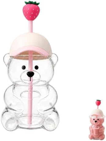 Glass Bear Cup with Straw, Pink Cap Lid & Strawberry Topper,20 oz by Unknown