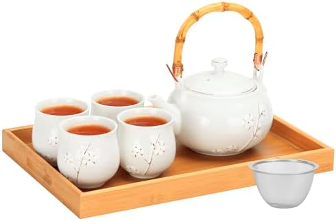 Japanese Tea Set Porcelain Tea Set with Teapot and Tea Cup Set for 4, White Tea Sets for Adults with Stainless Infuser and Bamboo Tray, Asian Tea Set for Tea Lovers/Women/Men (White Plum) by BEOZINZ