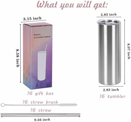 16 Pack 20 Oz Straight Skinny Tumblers,Individually Gift Boxed Stainless Steel Slim Skinny Tumbler Set Bulk, 20 Oz Insulated Slim Thin Travel Tumbler Cup for Diy, Silver - Image 7
