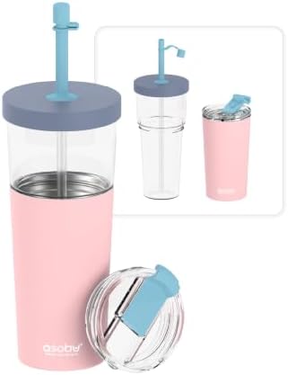 asobu ClearInsulation Straw Tumbler Marina a Tritan 28 oz Tumbler with 17 Oz Stainless Steel Insulated Sleeve for Ice Coffee or Hot Tea with a Flexi Straw Spill Proof Lid and a Flip Open Lid,Pink by Asobu