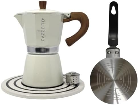 CAFECITO® Coffee Starter Kit Essentials – 6 Cup Moka Pot Set with Anti-Splash Valve, Induction Plate & Ceramic Sandstone Trivet | Cafetera Cubana Greca Stovetop Espresso Maker | Crema Edition by CafecitoEspressoCoffee