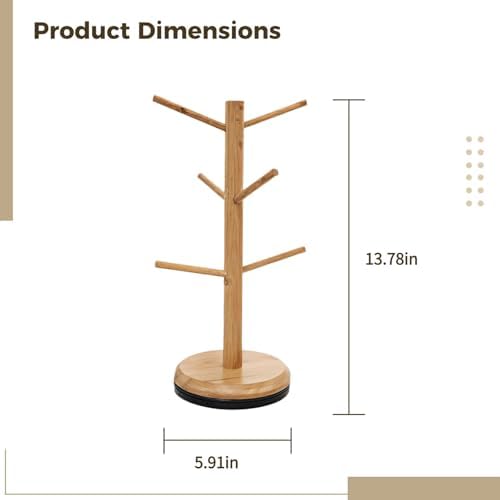 Coffee Mug Tree with 6 Hooks, Rotatable Freestanding Wooden Coffee Cup Holder, Space Saving Kitchen Organizer for Countertops, Wood Color - Image 4