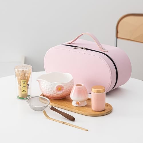 8-Piece Matcha Set - Portable Travel Tea Gift Box (Chawan, Bamboo Whisk, Chashaku, Sifter, Tea Caddy, Plate, Carry Bag) - Matcha Whisk Set (Pink) by Unknown