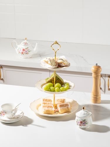 Sweejar 3 Tier Ceramic Cake Stand Wedding, Dessert Cupcake Stand for Tea Party Serving Platter(Rose) - Image 4