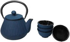 Ebros Gift Traditional Oriental Tetsubin Small Cast Iron 10oz Teapot With Strainer And 4 Mini Tea Cups 1oz Asian Fusion Housewarming Tea Service Drinkware Accent (Royal Blue Tokusa Geometry) - Image 5