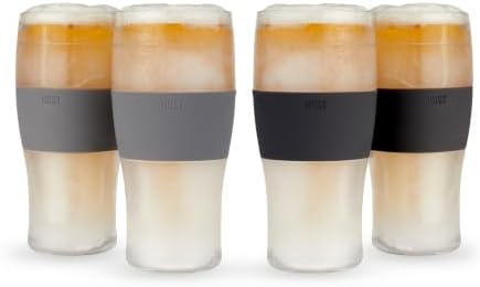 HOST Freeze Beer Glasses, 16 ounce Freezer Gel Chiller Double Wall Plastic Frozen Pint Glass, Set of 4, Black and Grey by HOST