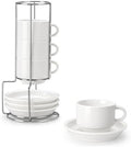 MALACASA 4 OZ Porcelain Espresso Cups with Saucers and Metal Stand Set of 4, Stackable Cappuccino Cups, White Expresso Shots Cup Set for Coffee Drinks, Latte, Tea by MALACASA