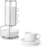 MALACASA 4 OZ Porcelain Espresso Cups with Saucers and Metal Stand Set of 4, Stackable Cappuccino Cups, White Expresso Shots Cup Set for Coffee Drinks, Latte, Tea by MALACASA