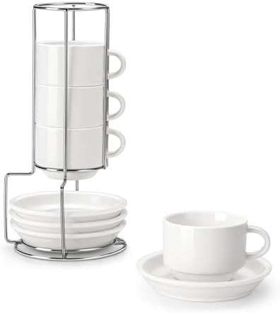 MALACASA 4 OZ Porcelain Espresso Cups with Saucers and Metal Stand Set of 4, Stackable Cappuccino Cups, White Expresso Shots Cup Set for Coffee Drinks, Latte, Tea by MALACASA