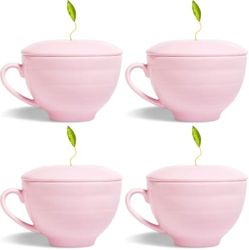 Tea Forte Porcelain Tea Cup and Lid, Steeps 8 oz., Microwave & Dishwasher Safe, Café Cup Rose Pink (Pack of 4) by TeaForte