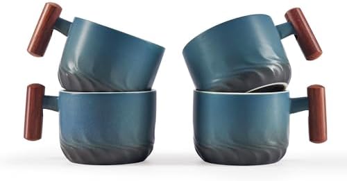 6oz Ceramic Espresso Cups with Wooden Handle, Small Coffee Cups for Latte Cappuccino, Tea Cups Set of 4 by CLASGLAZ