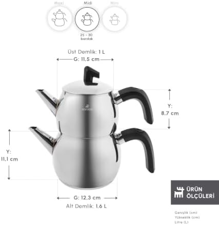 Karaca Belinay Teapot Set Silver Black, Medium Teapot, 18/10 Stainless Steel, Teapot/Lid (1 lt, 2.20 lb), Tea Kettle (1.6 lt, 3.5 lb), Suitable for Induction - Image 3