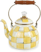 Checkered Tea Kettle for Checkered Kitchen Decor - Yellow and White Tea Kettle for Stovetop - Stylish Enamel Teapot with Wooden Handle - Vintage Classic Teapot with Elegant Lid & Knob- 2.5 Quart by Unknown