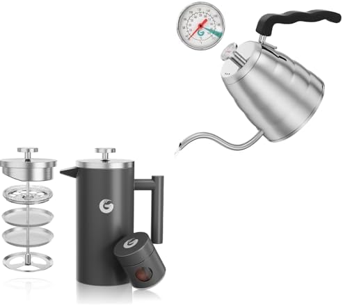 Coffee Gator French Press 34oz Gray and Gooseneck Kettle 40oz Stainless Steel for Pour Over by CoffeeGator
