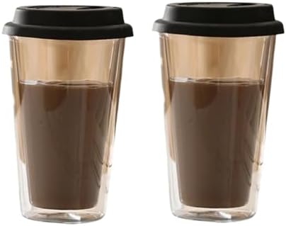 Double Walled Glass Coffee Mugs with Silicone Lids 350ml/12oz Reusable Cups Insulated Hot/Cold Drinkware Cup(2pcs black) by Unknown