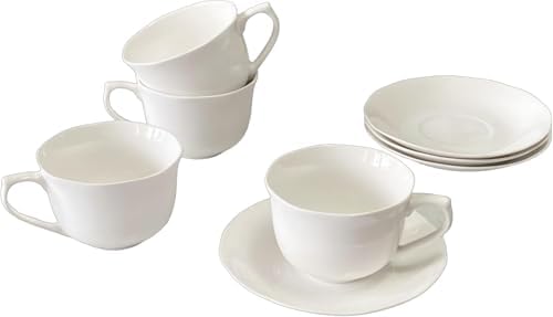 8 Ounce Porcelain Cappuccino Cups with Saucers - Set of 4, Perfect for Specialty Coffee Drinks, Latte, Cafe Mocha and Tea, Ivory White by MIWARE