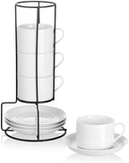 8 OZ Stackable Cappuccino Cups with Saucers and Metal Stand Set of 4 by MEICHU