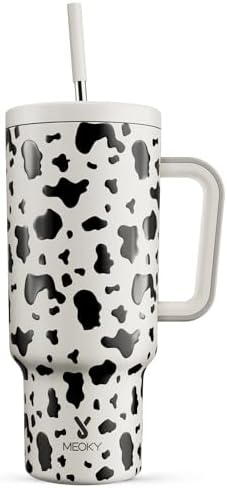 Meoky 40 oz Tumbler with Handle and Straw, Tumbler with Lid and Straw, Insulated Stainless Steel Travel Mug, 100% Leak-proof, Keeps Cold for 34 Hours or Hot for 10 Hours (Cow) by MEOKY