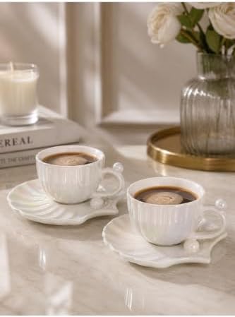 Oyster Model pearlescent inlay 2-Person Porcelain Tea & Coffee Cup Set (Large Size), Unique Seashell Design for refined Presentation - Mother of Pearl White by Unknown