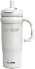 MUHAN 30oz Insulated Tumbler with Handle, Stainless Steel Water Bottle, Travel Mug (Moon White-Ceramic inner（Lid+tea strainer+Straw+handle）, MUHAN 30oz Insulated Tumbler with Handle) by Unknown