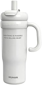MUHAN 30oz Insulated Tumbler with Handle, Stainless Steel Water Bottle, Travel Mug (Moon White-Ceramic inner（Lid+tea strainer+Straw+handle）, MUHAN 30oz Insulated Tumbler with Handle) by Unknown