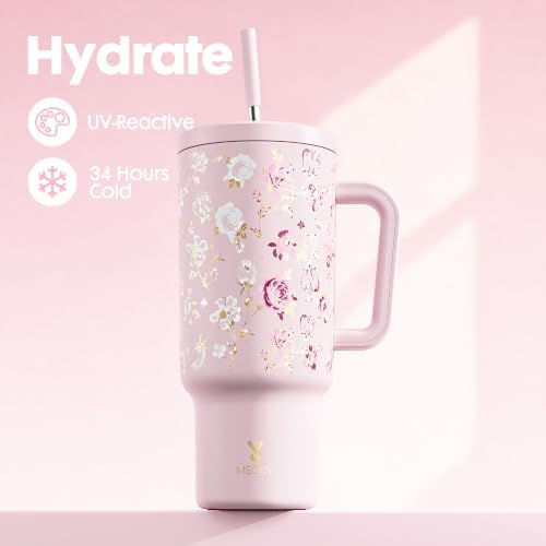 Meoky UV Color-Changing Tumbler: 40 oz Tumbler with Handle and Straw- Stainless Steel Insulated Tumbler for Car Cup Holders - Adults Women (1 Pack, Rose Manor) - Image 3