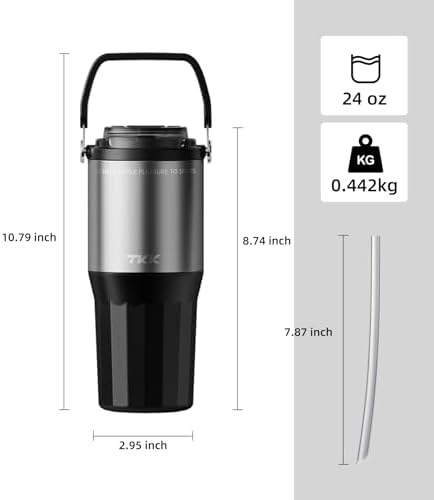 TKK 24 oz Ceramic Coated Tumbler with Straw Lid, 18/10 Stainless Steel Vacuum Tumblers, Leakproof Double Walled Iced Car Cup with Handle & Tea Infuser& Dishwasher Safe, for Hot & Cold Drinks, Black - Image 2