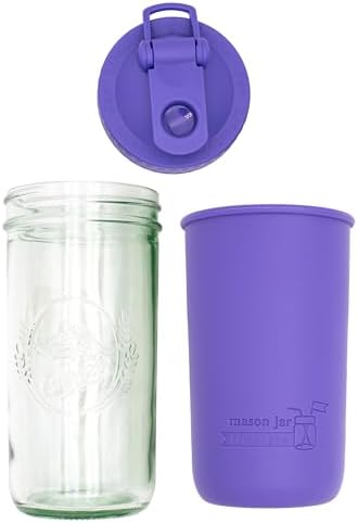 Mason Jar Lifestyle Wide Mouth 24oz Pint & Half Mason Jar Water Bottle Travel Tumbler with Silicone Sleeve & Pour & Store Shaking Lid (Ultra Violet) by MasonJarLifestyle