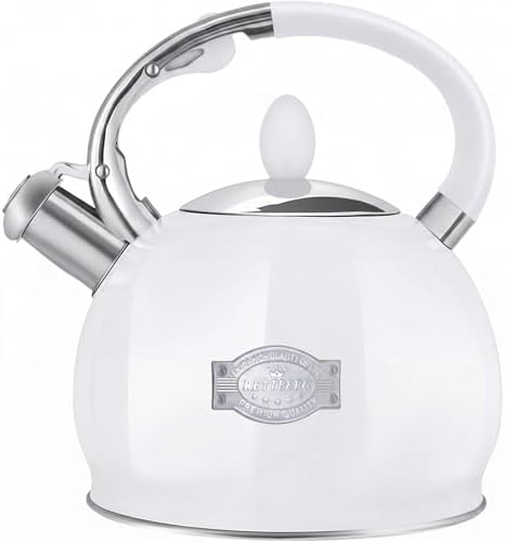 Tea Kettle Stovetop, 2.64 Quart Food Grade Steel Whistling Tea Pot White by RETTBERG