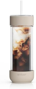 Ember Cold Tumbler 16 oz – Insulated Glass Iced Coffee Cup with Straw & Spill-Proof Lid, Keeps Drinks Cold, Eliminates Condensation, Modern Double-Wall Design, Sandstone by Unknown