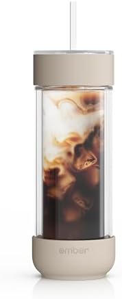 Ember Cold Tumbler 16 oz – Insulated Glass Iced Coffee Cup with Straw & Spill-Proof Lid, Keeps Drinks Cold, Eliminates Condensation, Modern Double-Wall Design, Sandstone by Unknown