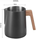 Milk Frother Cup Stainless Steel 350ml/600ml Stainless Steel Coffee Milk Foam Cup Latte Art Frothing Pitcher with Wooden Handle Internal Scale(Black-600ml) - Image 2