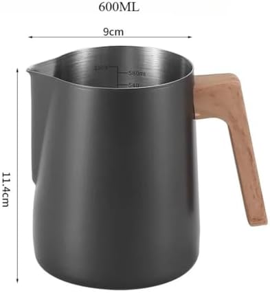 Milk Frother Cup Stainless Steel 350ml/600ml Stainless Steel Coffee Milk Foam Cup Latte Art Frothing Pitcher with Wooden Handle Internal Scale(Black-600ml) - Image 2
