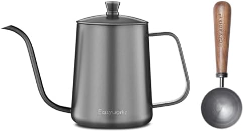 Easyworkz Gage Gooseneck Pour Over Coffee Kettle 20 oz (Black), Bundled with Easyworkz Retro Stainless Steel Coffee Spoon With Black Walnut Handle,10g - Measuring Spoon (Gunmetal) by Easyworkz