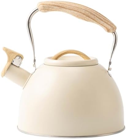 Whistling Tea Kettle,3.1 Quart Stainless Steel Water Kettle Work for All Stovetops with Folding Handle for Boiling Water Coffee or Milk (Off-White) by Triflice