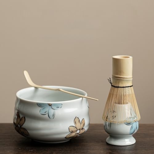 Matcha Whisk Set -4 Piece Ceremony Matcha Set with Matcha Whisk,Bamboo Matcha Scoop, Whisk Holder,Ceramic Matcha Bowl,Cat Design Matcha Tea Ceremony fit for Traditional Japanese Tea Ceremony (White) by ZUHSA