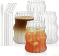 Tebery 4 Pack Cute Drinking Glasses, 16 Oz Ribbed Iced Coffee Cup Tumbler with Straws, Aesthetic Vintage Water Glassware Mug for Cocktail Smoothie Juice Beverage Milk Tea by Tebery